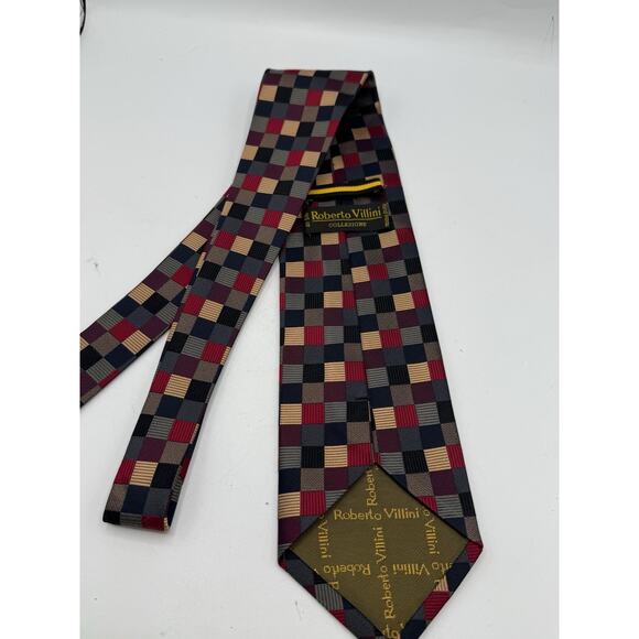 Roberto Villini Collezione Tie 100% Silk Red Tan Gray Checker Pattern Korea - Picture 4 of 4